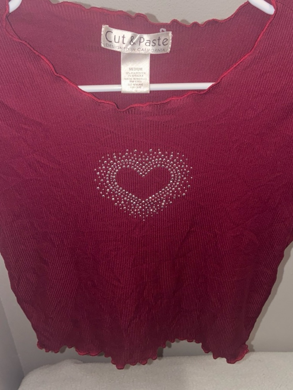 Women's Red Ribbed shirt with Heart Rhinestone